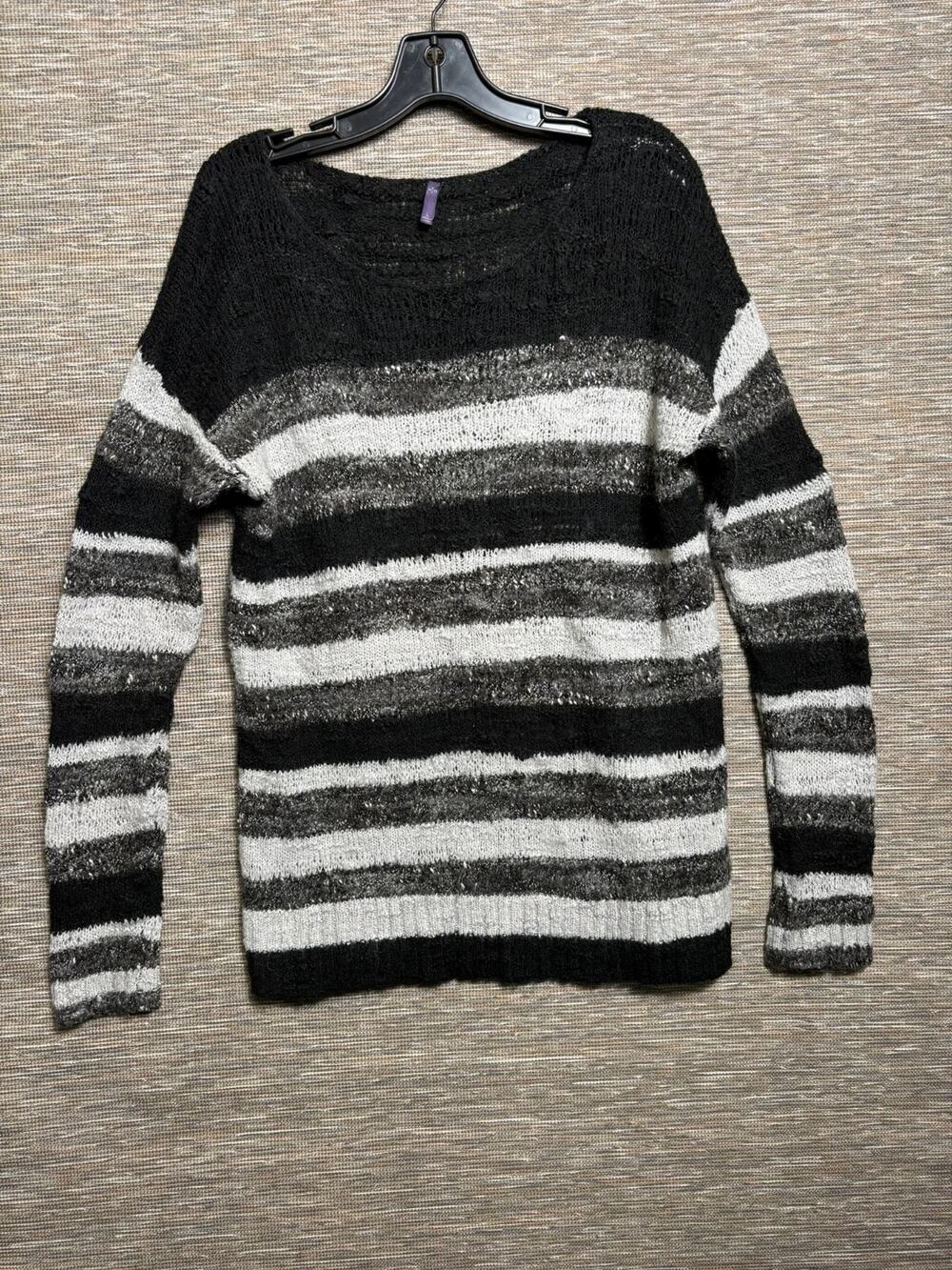NYDJ Wool Blend Knit Sweater Womens Size L Black White Gray Striped Round Neck